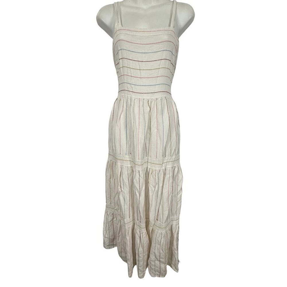 Ann Taylor Loft Striped Linen Blend Rainbow Embroidered Stripe Midi Dress sz 8